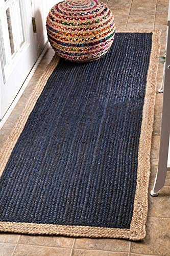 Aizza Trends indisk handgjord flätad inre marinblå naturlig jutematta, vardagsrum, dörrmatta storlek - 78 cm x 300 cm (2,6 x 10 fot)