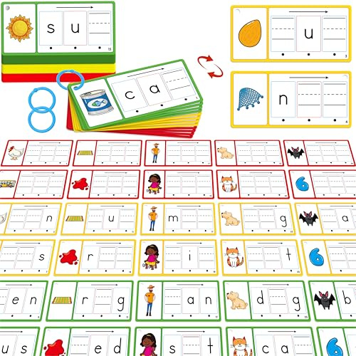 CVC - Tarjetas de escritura de palabras, 100 tarjetas de escritura a mano de doble cara, tarjetas de ortografía de vocales cortas de 3 niveles, herramienta educativa temprana para niños de 3, 4, 5