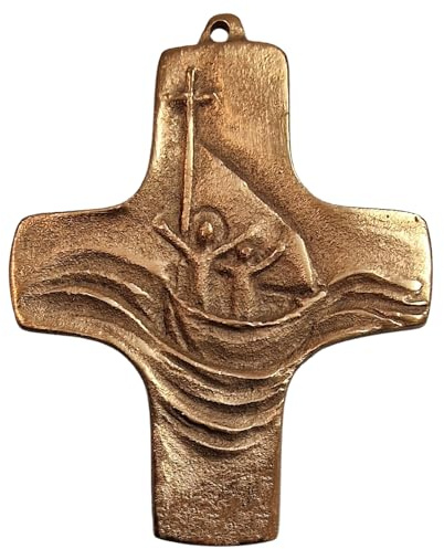 Herzmensch Kleines Bronzekreuz 7,2 x 8,9 cm golden mit Schiff Motiv als Segnungskreuz und Geschenkidee zur Hochzeit, Kommunion, Hochzeit oder Taufe