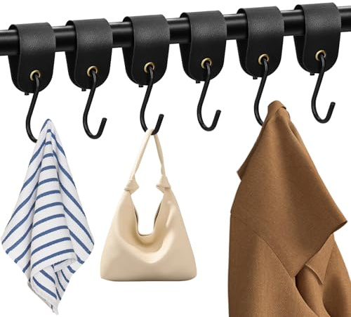 Ferizzia 6 Pièces Crochets S en Cuir, Crochet en S avec Boucle en Cuir, Haken mit Lederschlaufe pour Vêtements Manteaux Cuisine Bain Chambre Jardin Bureau Camping
