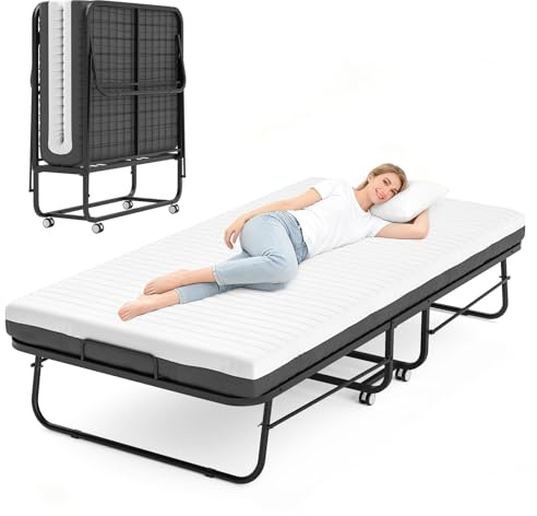FentyOE Klappbett 90x200 cm Erwachsene mit ca.13 cm Matratze aus Gedächtnisschaum Gästebett Klappbar Metallrahmen Klappbetten mit Rollen Reisebett Faltbares Metallbett Stabil bis 210 kg belastbar