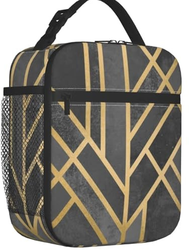 TFDGDGH Grey Gold Geometry Art Deco Insulated Lunch Bag for Outdoor Picnic Abstract Geometry Portable Cooler Thermal Bento Box Women Kid