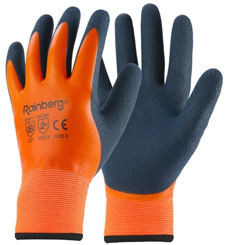 Rainberg 1 Pair Waterproof Thermal Winter Work Gloves, Fleece Liner Insulated Warm for Cold Weather, Safety Gloves with Superior Grip, Outdoor Gardening, Car Washing, Fishing, Multipurpose (Orange, L)