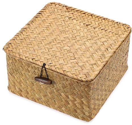 Panier de rangement en osier panier avec couvercle carré panier pour étagère boîte de rangement organisateur de table (caramel, 21 x 21 x 11cm)