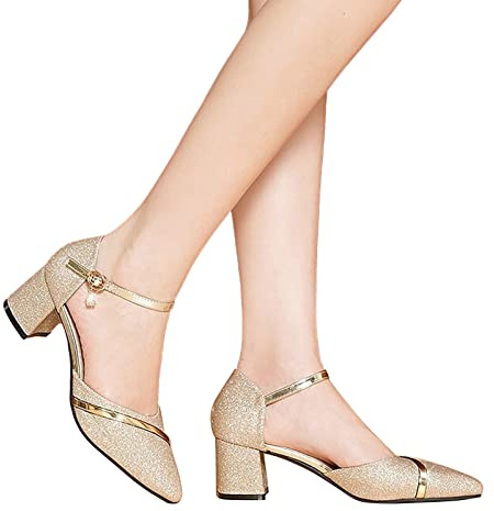 EQWIGKEIT Zapatos con purpurina para mujer con tacón, cómodos, elegantes, zapatos de boda, zapatos de baile cerrados, zapatos de novia, tacón de bloque, zapatos de tacón festivo, zapatos de baile, A1
