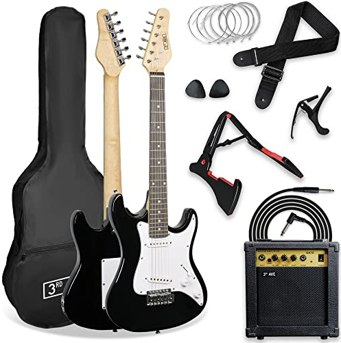 3rd Avenue XF 3/4 Size E-Gitarre Ultimate Kit Mit 10-W-Verstärker, Digitalem Stimmgerät, Kabel, Ständer, Gigbag, Gurt, Ersatzsaiten, Plektren, Kapodaster - Schwarz