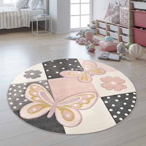 Paco Home Teppich Kinderzimmer Junge Mädchen Kinderteppich Spielteppich Kurzflor Regenbogen Bauernhof Einhorn Schmetterling Hase, Grösse:Ø 200 cm Rund