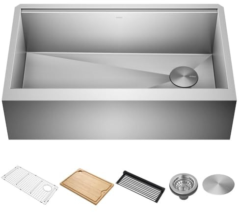 KRAUS Kore 33-Inch Farmhouse Workstation 16 Gauge Single Bowl Stainless Steel Kitchen Sink with Accessories, KWF210-33