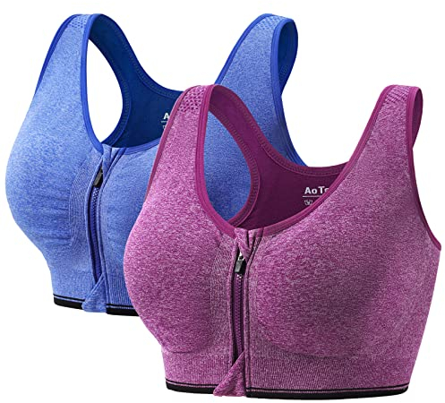 AoToZan 2 Pezzi Donna Reggiseno Sportivo Alto Impatto, Cerniera Frontale e Imbottito Rimovibile Push Up Reggiseni Zip Front Sport Bra Top per Fitness Running Yoga (Blu Viola,L)