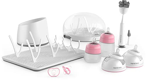Nanobebe Baby Bottle Ultimate Feeding and Cleaning Set, for Breast Milk and Formula, Cleaning and Soothing Essentials, Baby Shower Registry Gift, for Newborn, Infant and Baby - Pink