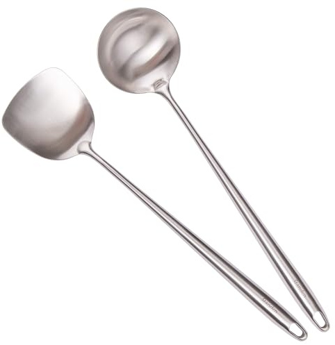 7 pulgadas 304 de acero inoxidable Wok espátula y cucharón, Standcn 2 piezas de mango largo utensilios de cocina conjunto