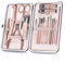 OWill Juego de manicura, 18 piezas de cortaúñas y pedicura con funda de piel sintética Kit de cuidado de uñas Herramientas profesionales regalo para mujeres esposa novia padres (oro rosa)