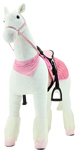 Sweety Toys 13883 plysch ståhäst stabil robust XXL med stålbas häst höjd 130 cm ridhäst 130 cm vit med rosa sadel med stigbyglar