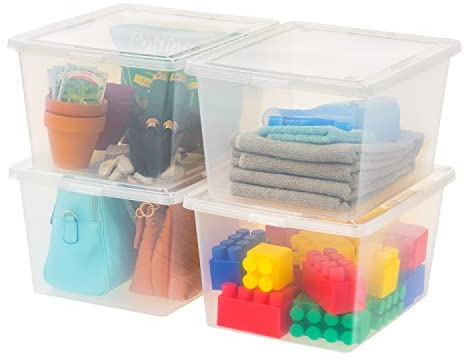 Iris USA transparente Aufbewahrungsbox, BPA-freier Kunststoff, stapelbarer Mülleimer mit Deckel, 4 Stück, Behälter zum Organisieren von Schuhen und Schrankregalen, Klassenzimmer-Organisation,
