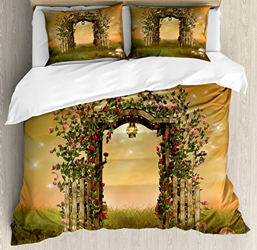 Ambesonne Fantasy Duvet Cover Sets, Rustic Door with Burgeoning and Blossoming Flowers on Wooden Fence, Bedding Set with 2 Duvet Covers 4 Pillowcases, 2 Pack Cal King Size, Pale Brown and Green Brown