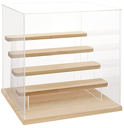 Nynelly 5-stöckige transparente Acryl-Vitrine für Modelle, Mini-Figuren, Pop Mart, Labubu, Sonny Angel, Smiski – zusammenbaubare staubdichte Displaybox mit Tür, Präsentationsständer (Holzsockel-Stufe)