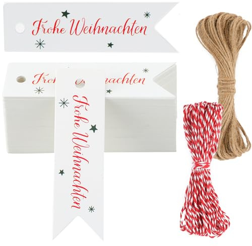 G2PLUS Klein Frohe Weihnachten Geschenkanhänger, Weiß 100 Stk Etiketten, 2x7CM Papier zum Geschenke oder Adventkalender Deko