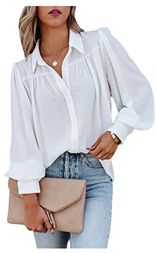 Women's Solid Long-Sleeved Button Down Shirts Puffy Sleeve Solid Casual Work Blouses Tops White
