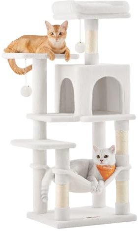 Feandrea Kratzbaum, 112 cm hoch, mehrstöckiges Katzenhaus | Katzenbaum, mit 4 Kratzsäulen, 2 Plattformen, Hängematte, Höhle, cremeweiß, CLAWFY Kollektion PCT261T01