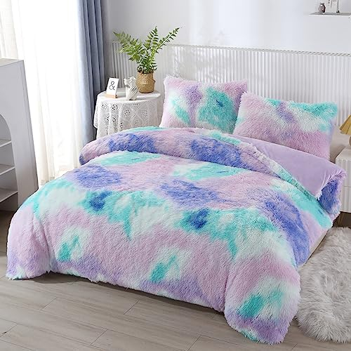 PERFEMET Violettes Plüsch-Bettwäsche-Set in voller Größe, Batik-Kunstfell, Regenbogen-Bettwäsche-Set für Mädchen, ultraweich, warm, flauschig, pelzig, violett, voll)