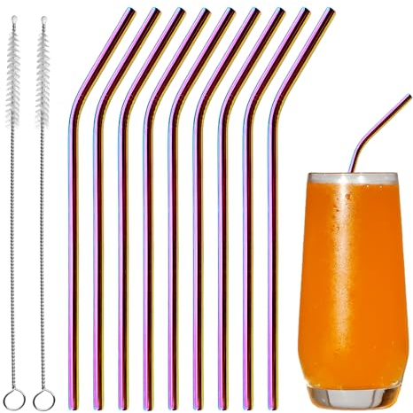FINEASY 10Der Set Strohhalme mit 2 Reinigungsbürste,Metall Strohhalme Wiederverwendbar,Spülmaschinenfest Trinkhalme Edelstahl Wiederverwendbare für Cocktail Saft Getränke