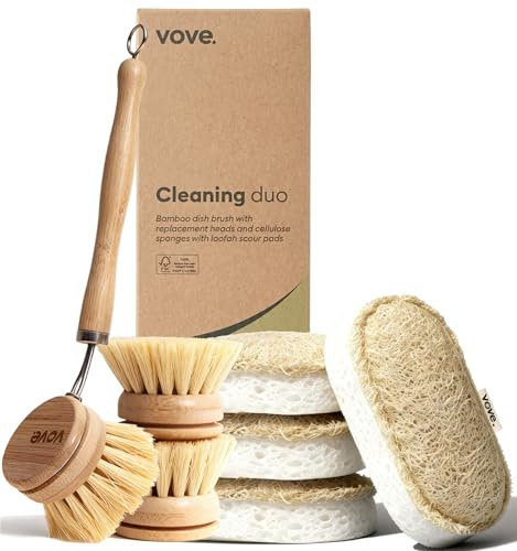Vove Cleaning Duo, Bamboo Washing-Up Brush Set & Natural Washing Up Sponges, FSC-Certified Bamboo, Sisal, Loofah & Cellulose, Plastic-Free, Eco-Friendly Zero-Waste Scrubber Set