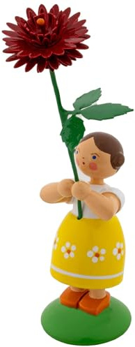 Seiffener Volkskunst Jan Legler | Sommerblumenmädchen Blumenkinder | Handwerkskunst aus dem Erzgebirge | Holzfigur Frühlingsdeko | 12 cm | mit roter Dahlie