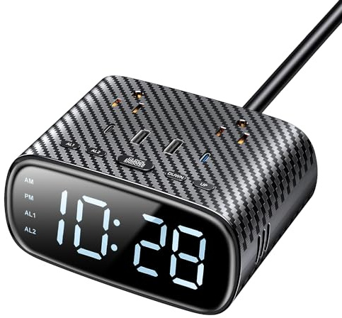 Sussex Alarm Clock with 2 USB-C, 2 USB-A Chargers Power Strip 2 Outlets - Screen LED Dimmable Digital Clock with Snooze Function - Dual Alarm for Bedside Nightstand