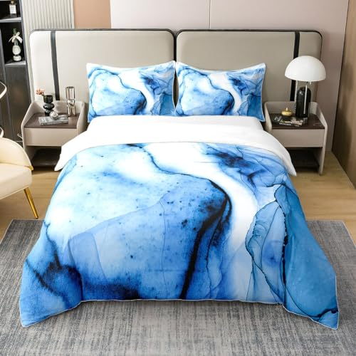 Blaue Marmor 200x200 100% Bio-Baumwolle Bettbezug,Marmor Textur Bettwäsche Set für Männer,Moderne Blaue Fluid Ink Art Tröster Abdeckung,Aquarell Krawatte Dye Art Bett Sets mit 2 Kissenbezüge,Ozeanblau