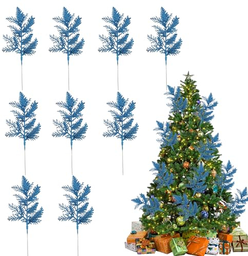 MOFIC 10 Pack Künstliche Tannenzweige, Glitzer Künstliche Tannennadeln Weihnachtsblätter Picks Weihnachtsbaumschmuck für DIY Girlande Kranz Weihnachtsverzierung und Hausgarten Dekoration (Blau)