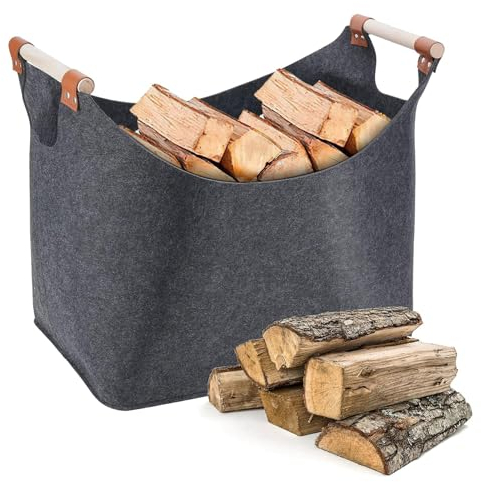 OBLLAR Felt Firewood Basket With Wooden Handle - Extra Large Foldable Storage Bag for Shopping, Wood, Newspaper (XL, Dark Grey)
