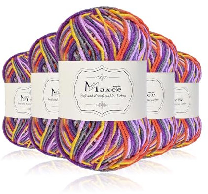 Maxee Handstrickgarn, 5x50 g Häkelgarn, Bunt Farbverlauf Acryl Garn zum Stricken, Weicher Wolle zum Häkeln, Mehrfarbiges Garn zum Stricken Häkeln und Basteln