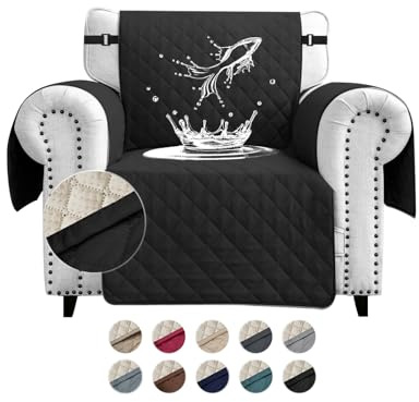 FIGOOO wasserdichte Sofabezug 1 Sitzer Dicke Sofaschoner Wasserdicht Gesteppte Sofa Überzug mit Seitentaschen Sofaüberwurf rutschfest Kratzfest für Haustiere Hunde Katzen,Schwarz