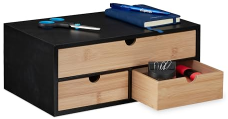 Relaxdays Organisateur Bureau, 3 tiroirs, Bambou & MDF, Rangement pour Fournitures, HxLxP : 13,5x33x21 cm, Nature - Noir