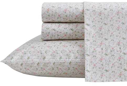 Laura Ashley - Full Sheets, Cotton Percale Bedding Set, Lightweight & Breathable Home Decor (Evie Pink, Full)