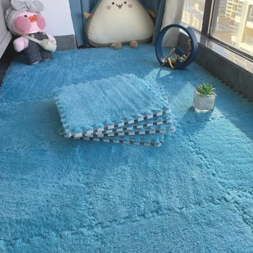 Lot de 10/20 dalles en mousse emboîtables, 30 x 30 cm, tapis en mousse pelucheuse avec bordure pour salon/chambre à coucher (10 pièces bleues)