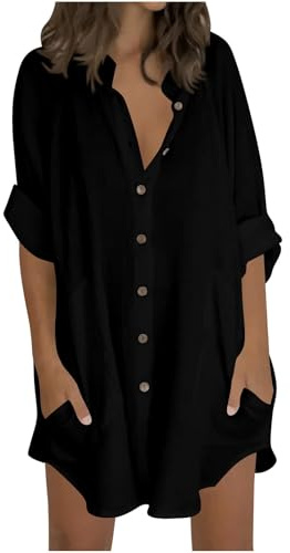 Keepink Womens Tops Oversized Cotton Linen Button Up Shirts Summer Casual Blouse Roll-Up Sleeve Tops Extra Long Top with Pockets Hawaii Beach Cover Up Ladies Clothes