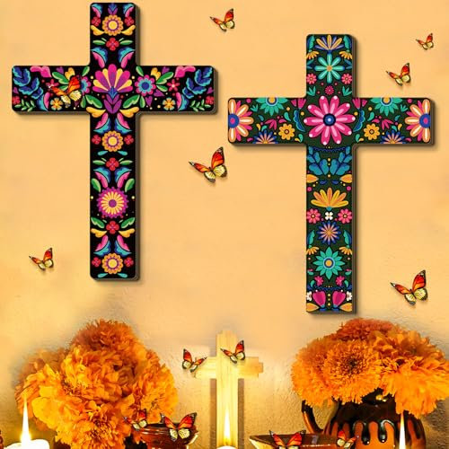 Pinkunn Wanddekoration, mexikanisches Kreuz, 54 x 40 cm, Día De Los Muertos Altar-Dekorationen, floraler Tag der Toten, Dekoration, handbemalt, Holz, Wandkunst, spanisches Holzkreuz für Zuhause, 2