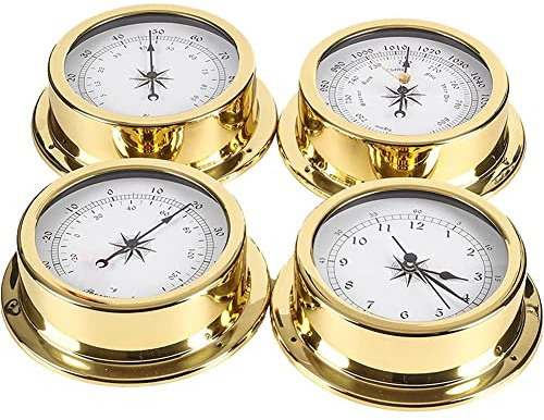 Stazione Meteo Analogica, Set di 4 stazioni meteorologiche, kit misuratore orologio barometro termometro igrometro portatile da parete marina da 5,7 pollici, accessorio custodia in ottone