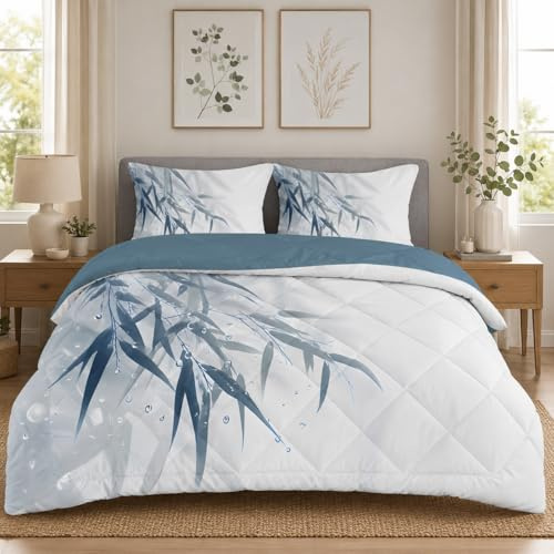 buyluhn Bettdecke 160x200 Ohne Bezug Nutzbar，4 Jahreszeiten Bettdecken Bambusblätter Waschbar Steppdecke Grau Blau Ganzjahresdecke，Bettzeug mit 1 Kissenbezug für Sommer Winter