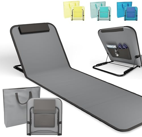 Onbest Bequeme Strandliege 165 cm lang - mit Verstellbarer Rückenlehne und Liegekissen – praktisches Staufach – Strandmatte klappbar – Leichter Transport – inkl. Tragetasche - Strandmatte (Grau)