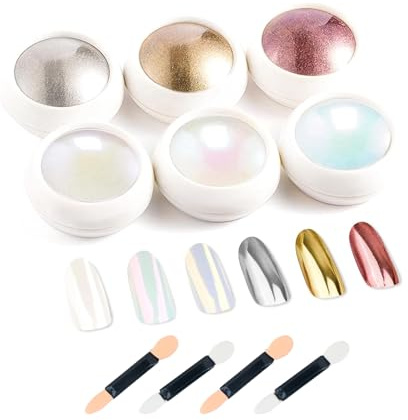 AYNKH Chrom-Nagelpulver, 6 Stück, mit 4 Schwammstäbchen, Perlen-Glitzerstaub-Set, metallischer Spiegeleffekt und Flash-Meerjungfrau-Effekt, für Nagelkunst-Design-Dekoration, für Nägel, Salon, DIY