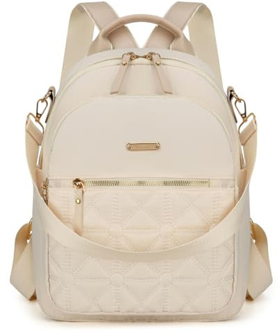 JANSBEN Rucksack Damen Klein, Cityrucksack Anti-Diebstahl Schultasche Nylon Schultertaschen Daypacks Damen Rucksackhandtaschen für Lässig Schule Reise Arbeit,Beige
