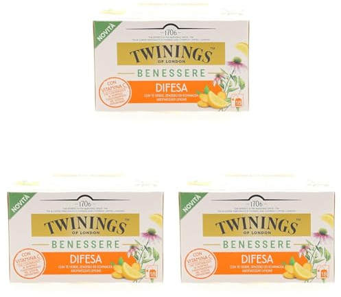 Twinings, Benessere Difesa, Tè Verde, Zenzero ed Echinacea Aromatizzati al Limone, con Vitamina C per il Benessere Immunitario, 1 Confezioni da 18 Filtri (Confezione da 3)