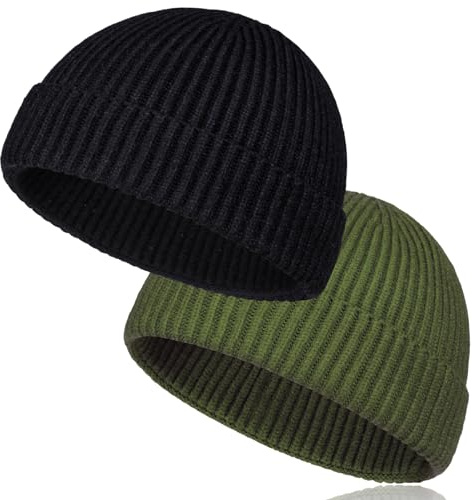 TSKNOMO Kurze Fischermütze aus Wolle für Herren, weiche Strickmanschette, Trawler Beanie-Mützen, warme Wintermützen für Damen, 2 Stück