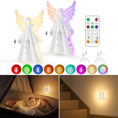 WOBANE Motion Sensor Night Lights,Dimmable Touch Lamps Bedside with Timer,18 Color Mode,Rechargeable Wireless LED Wall Light with Remote Control for Kids,Bedroom,Decor,2 Pack