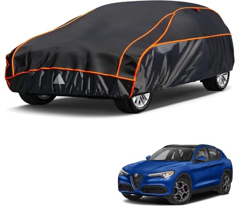 kayme Hagelschutzplane Auto Autoabdeckung Wasserdicht Atmungsaktiv，Hagelschutz Vollgarage Passend für Alfa Romeo Stelvio（2017-2024）, Hagelschutzgarage Abdeckplane für Hagel Sonne Schutz, Schwarz