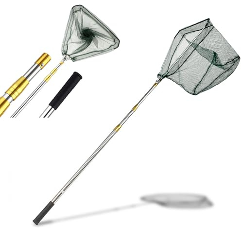 Telescopic Folding Fishing Landing Net, 1.9m Pole Collapsible Extensible Aluminum long Handle,Stainless Steel Triangular,For Bird Fish Catch,Aquarium,Ponds Floating Objects,Carp Trout