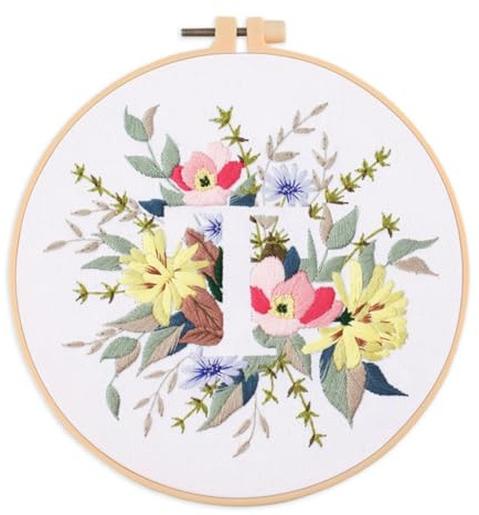 IUHUI Broderikit för nybörjare vuxna – 26 blommiga bokstäver enkla mönster, gör-det-själv handsömnad broderiset med ring (blomma och gräs bokstav T)