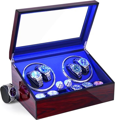 ANWBROAD Uhrenbeweger für Automatikuhren 4 Uhren+6 extra Speicherplätze 4 Drehmodis mit super leisem Mabuchi Luxuriöser Automatik Uhrenbeweger Watch Winder Uhrendreher USB-Aufladung JWW002R